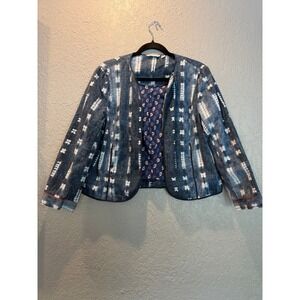 White Stuff Indigo Blue Ikat Batik Print Open Front Jacket UK 18 EU 46